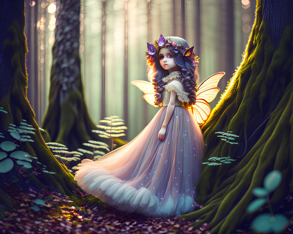 Fantasy Illustration: Fairy with Luminous Wings in Enchanted Forest