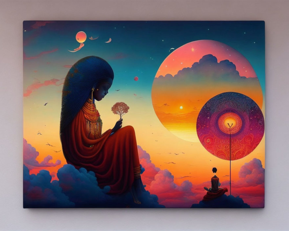 Serene artwork: Woman in red and blue, meditating figure, sunset skies, floating island,