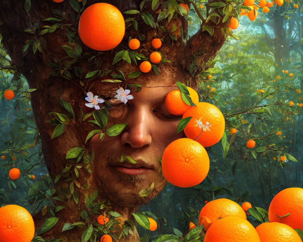 Tranquil face merged with orange tree and ripe oranges in serene artwork