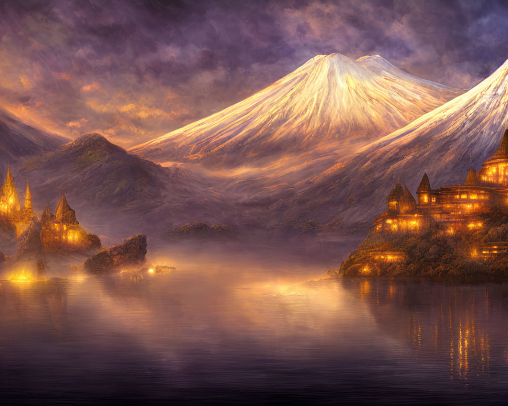 Illuminated castles by a misty lake with snow-capped mountains at twilight