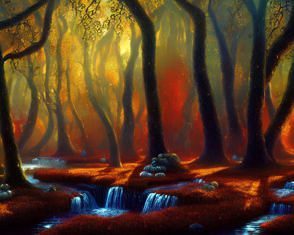 Mystical forest landscape with golden sunlight and serene stream