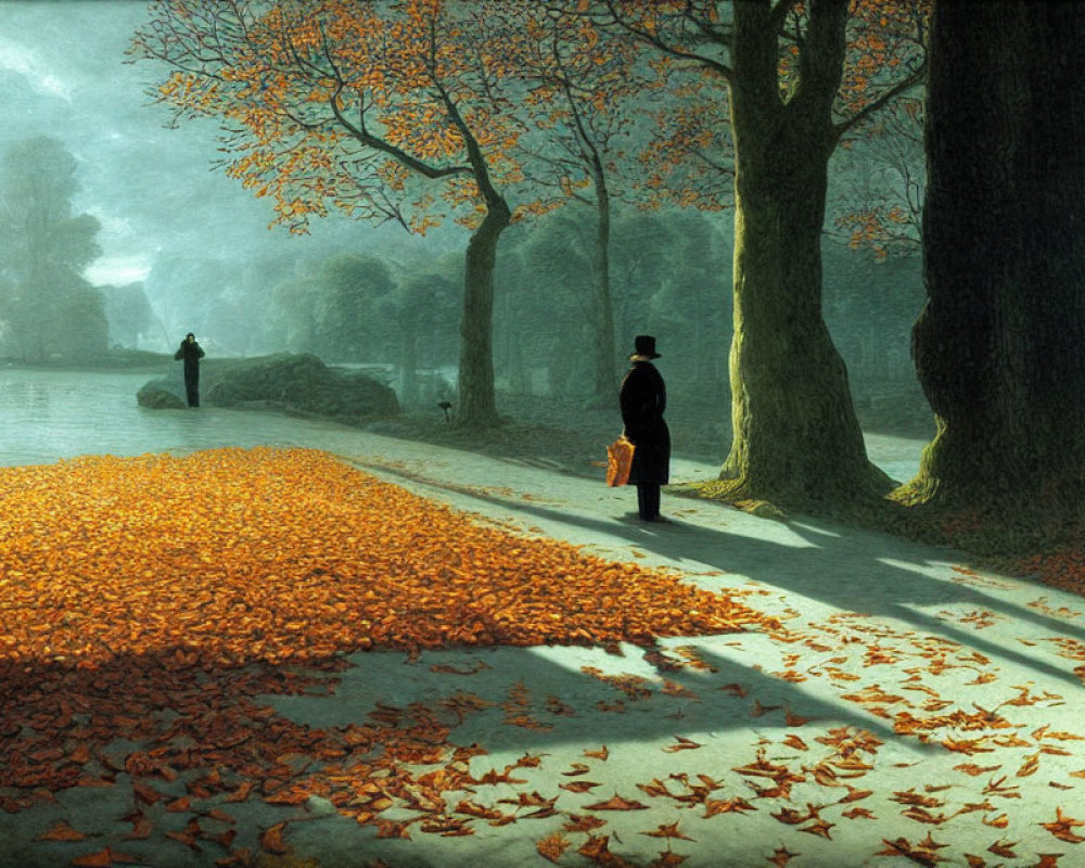 Autumnal park scene with two individuals standing apart