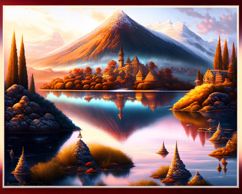 Serene lake, autumn castle, snowy mountains at sunset