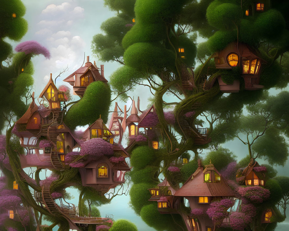 Glowing treehouses in lush trees with purple blossoms