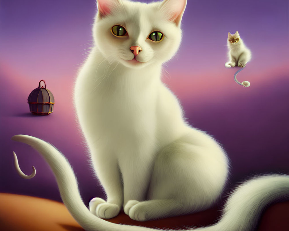 Stylized illustration of large white cat with green eyes and small birdcage