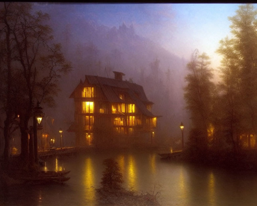 Cozy house by river with misty trees, mountains at dusk or dawn