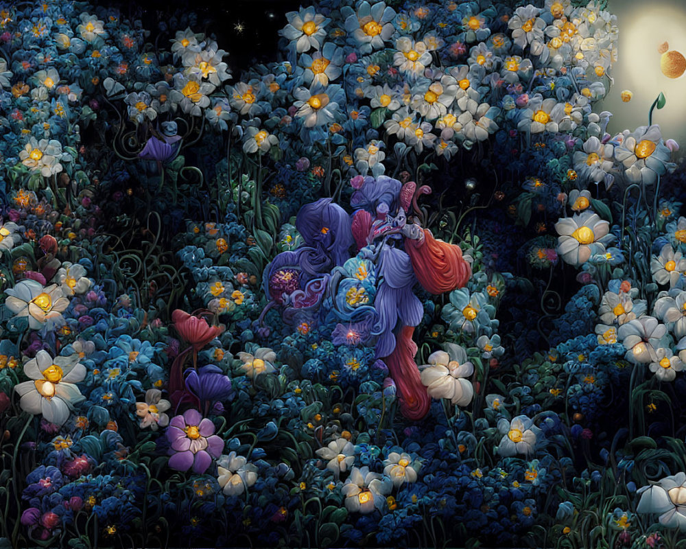 Colorful Flowers and Moonlit Unicorn Fantasy Scene