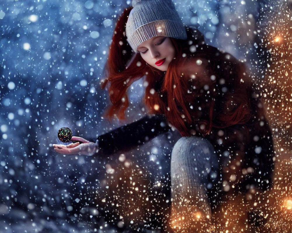 Red-haired woman in winter hat holding glowing orb in magical snowy scene