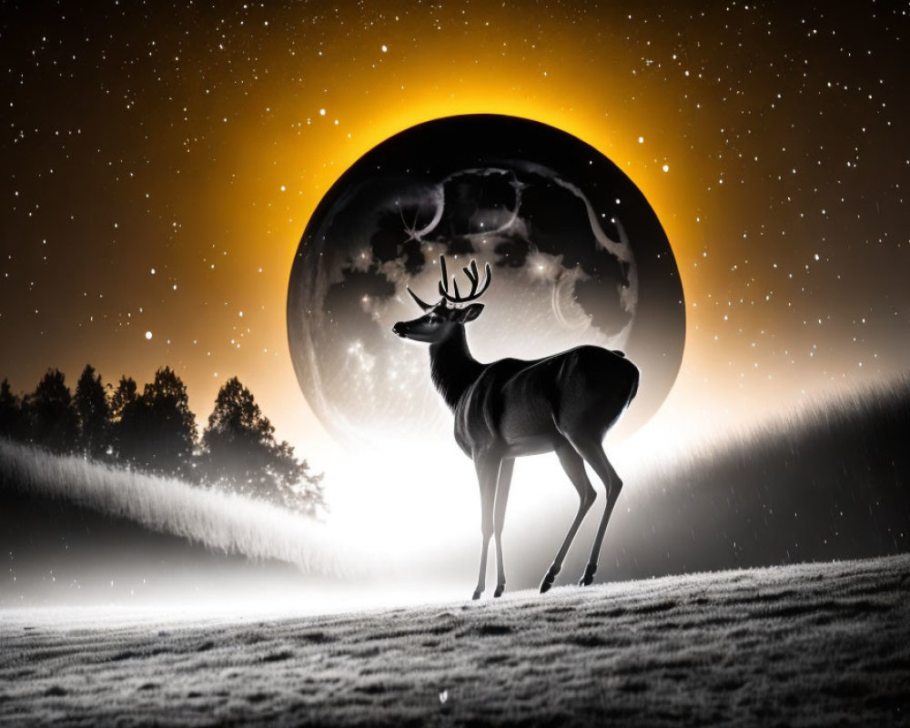 Stag Silhouette on Surreal Night Sky with Glowing Moon