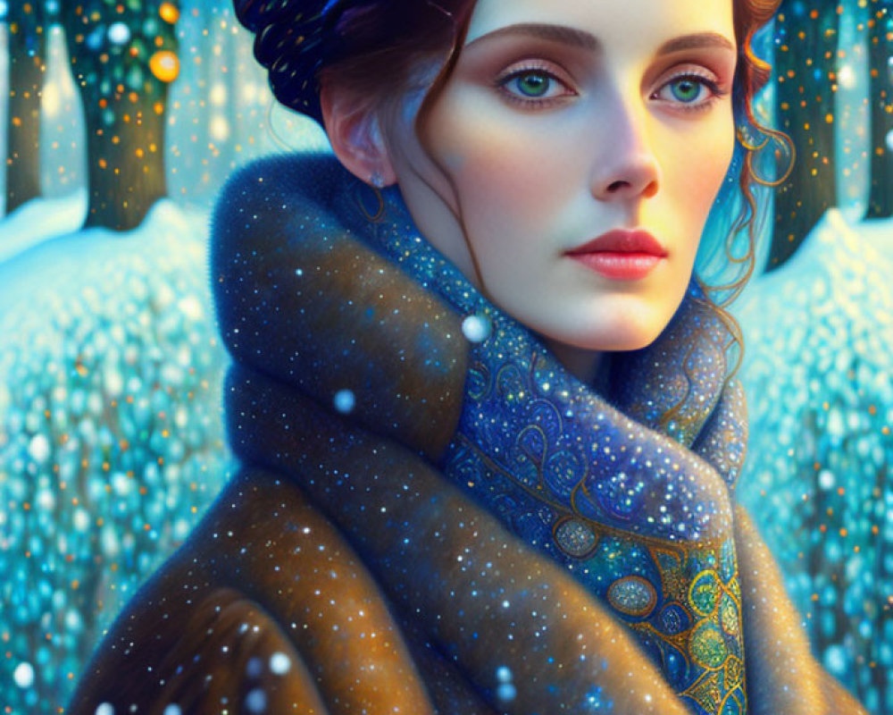 Detailed digital artwork of woman with blue scarf and braid hair in snowy scene.