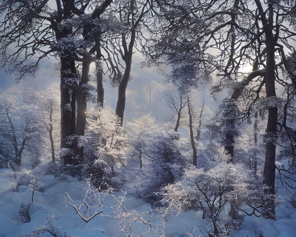 Snow-covered trees in tranquil winter forest scene