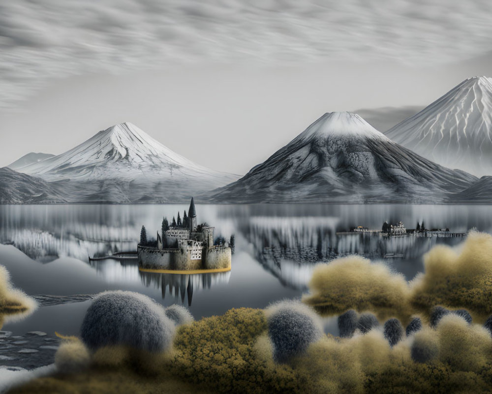 Monochrome landscape with snow-capped mountains, castles, and reflective lake