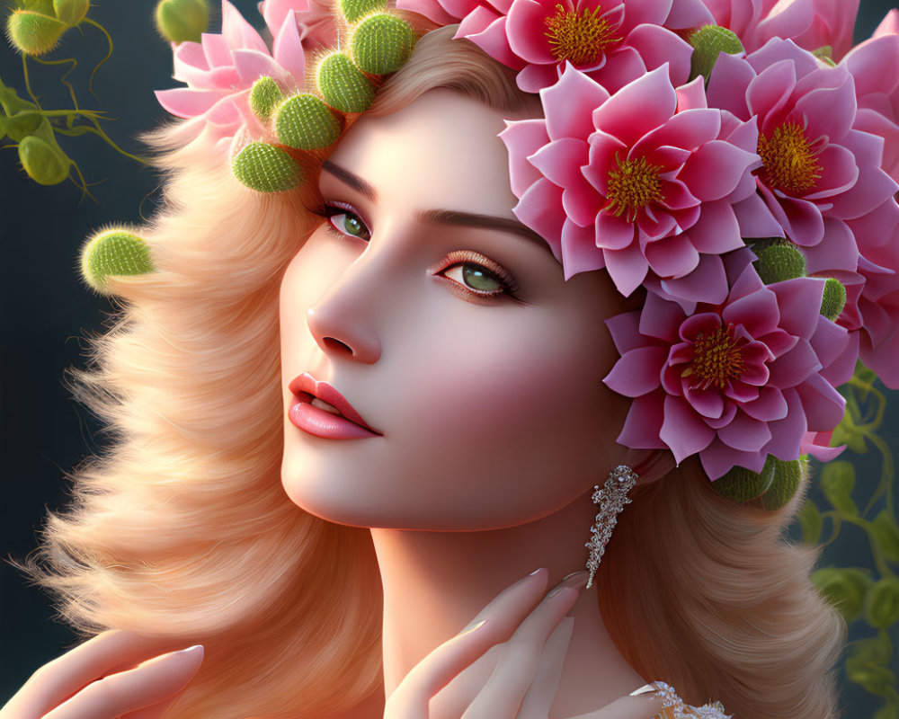 Digital artwork of woman with pink floral crown and blonde hair