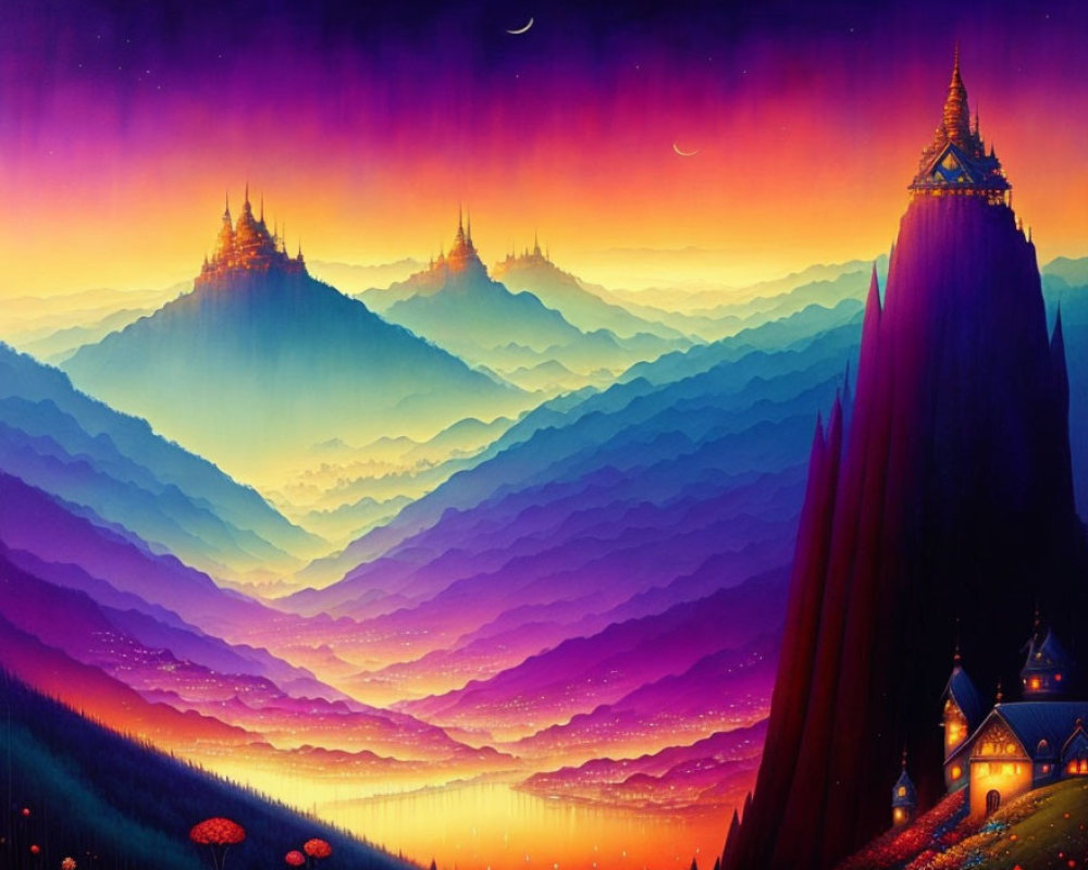 Colorful illustration of misty mountain landscape with purple and orange hues and castles under starry sky