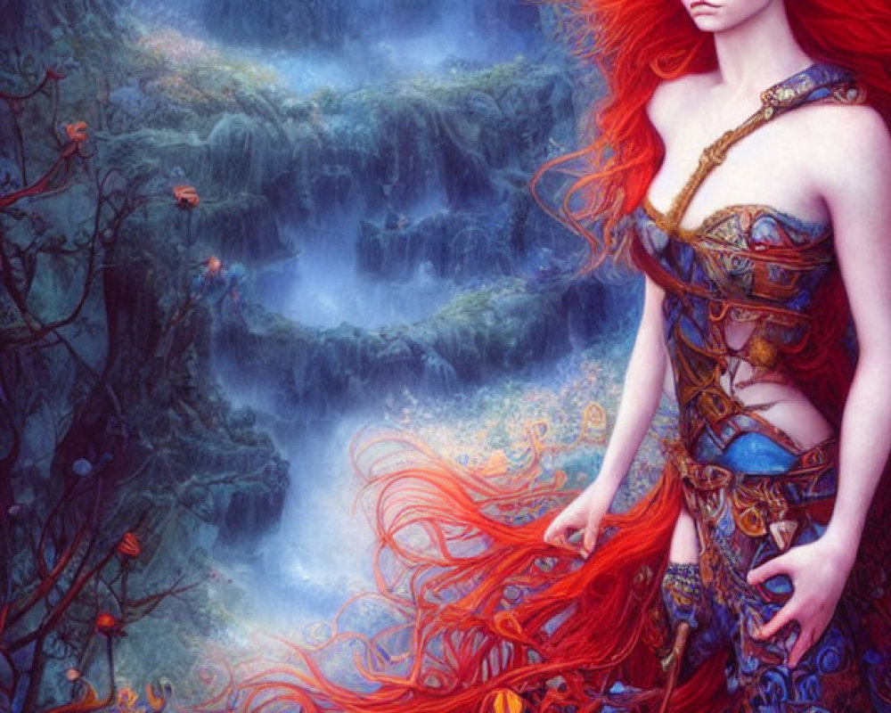 Fiery red-haired woman in intricate armor in mystical forest with waterfall