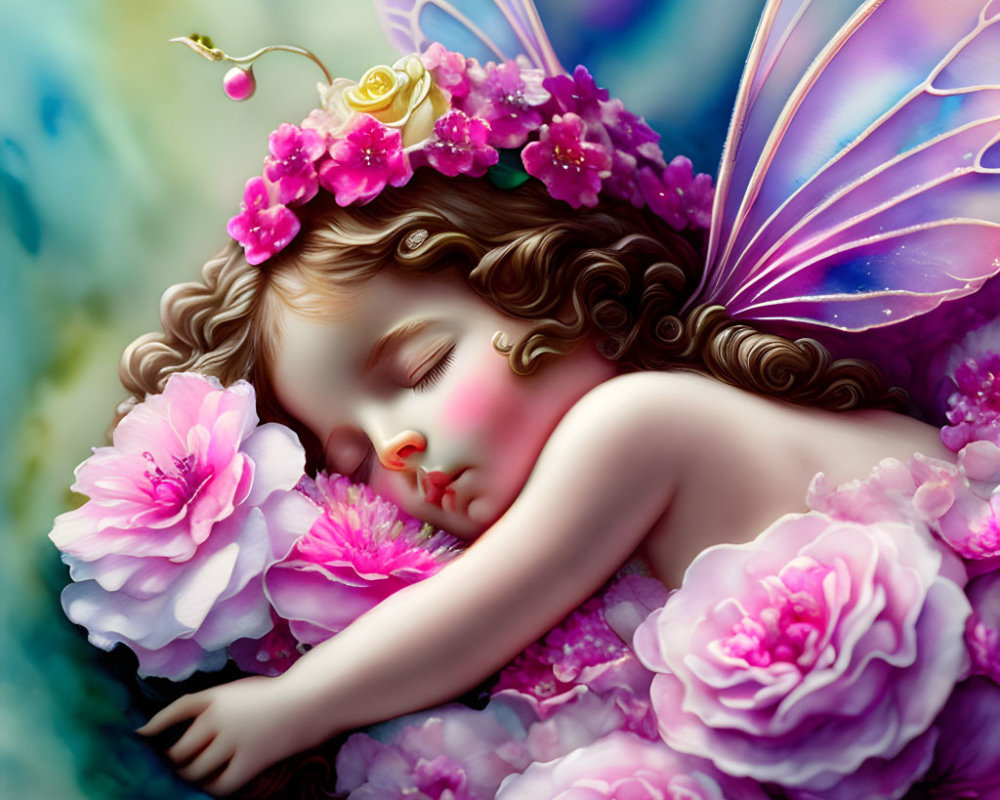 Illustration of Sleeping Child with Fairy Wings in Pink Flower Garden