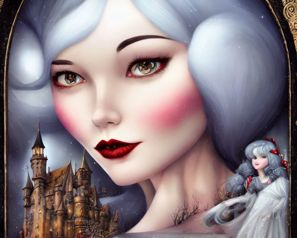 Illustrated portrait of woman with pale skin, red lips, and striking eyes holding a small castle and