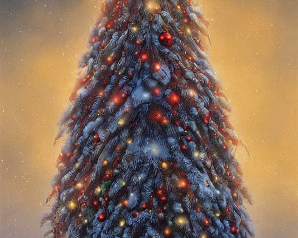 Snow-covered Christmas tree adorned with lights and baubles under twilight sky