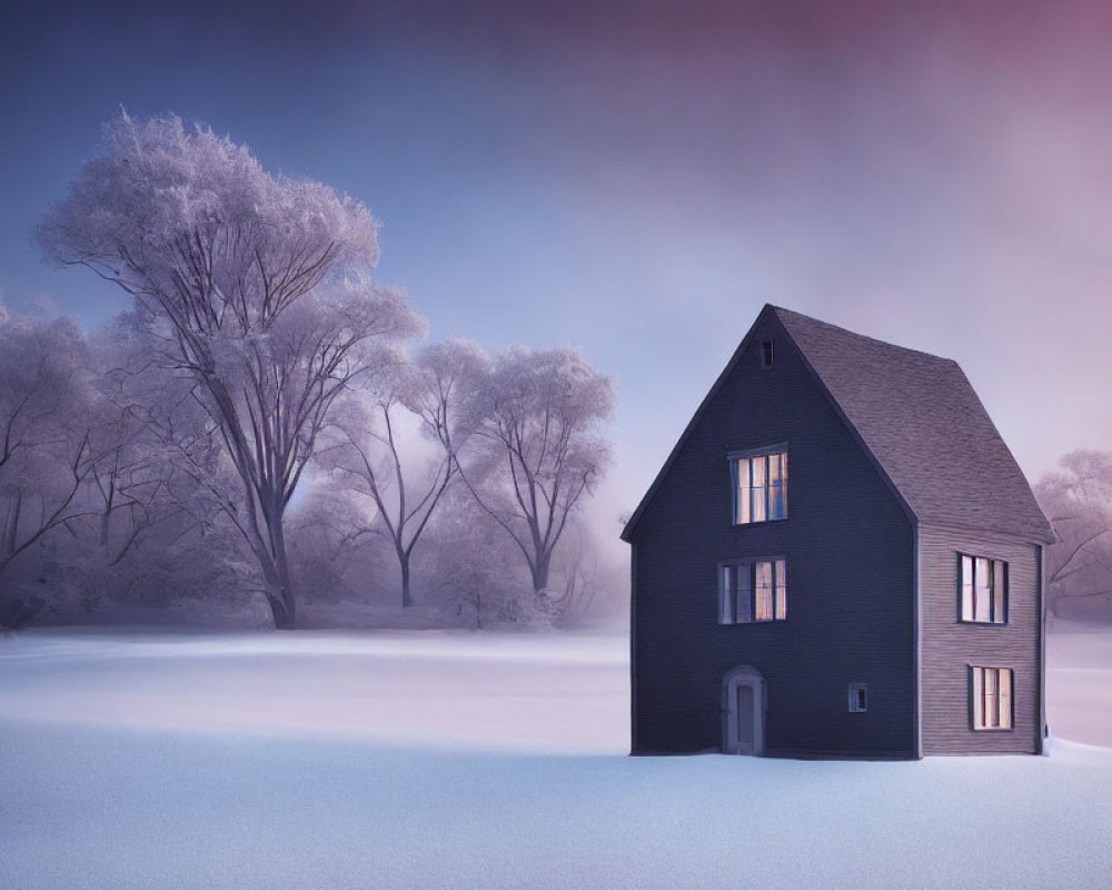 Snow-covered landscape with solitary dark house and frost-laden trees at dawn or dusk