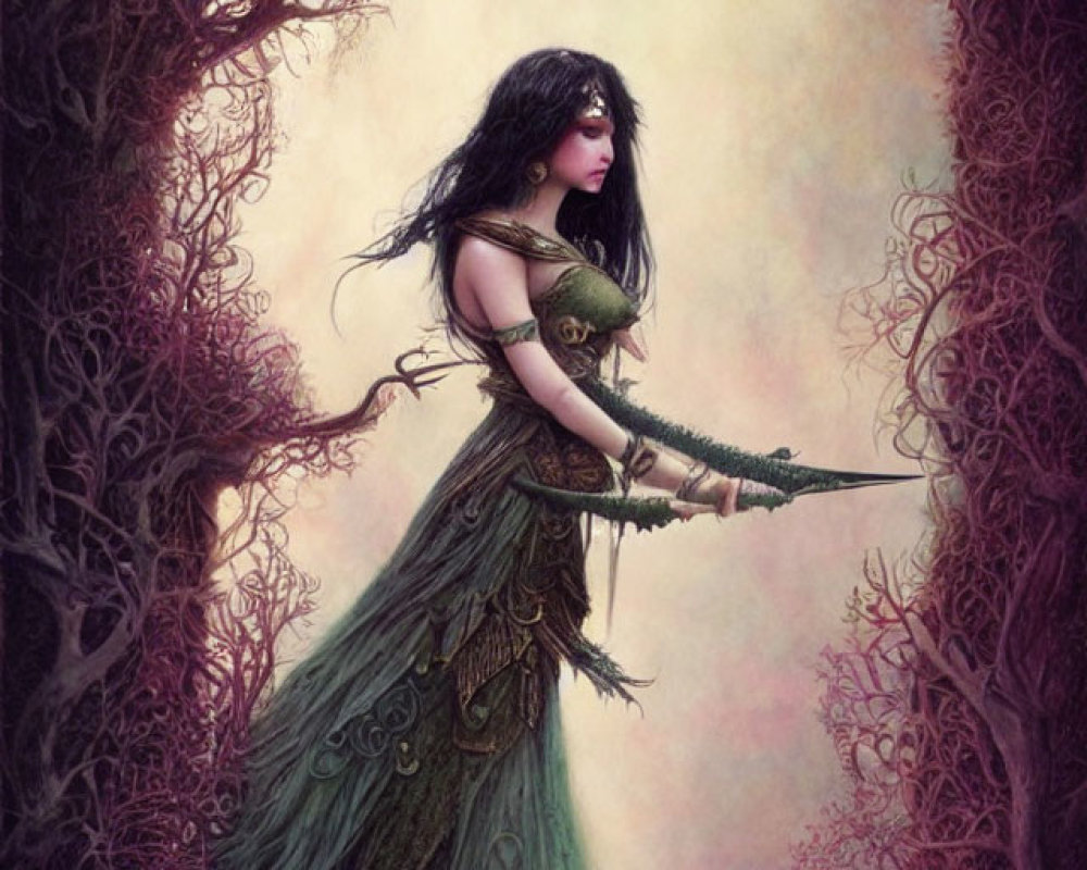 Fantasy artwork of woman in green medieval attire with spear in ethereal forest