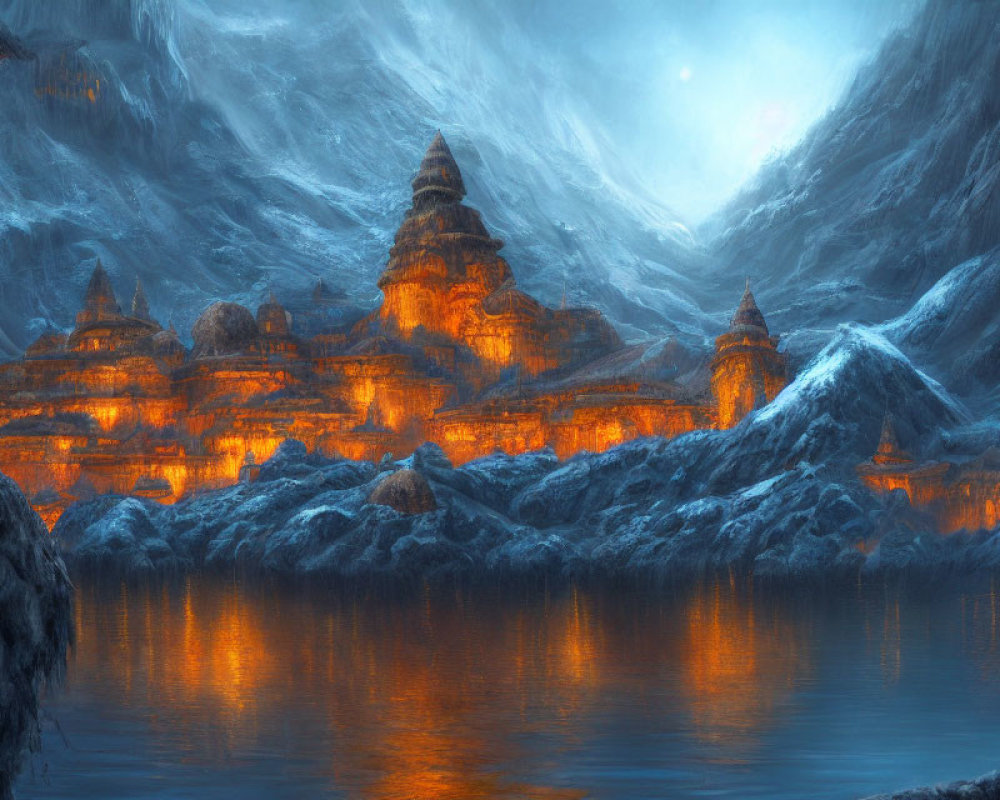 Illuminated ancient city with domed structures in icy mountain peaks