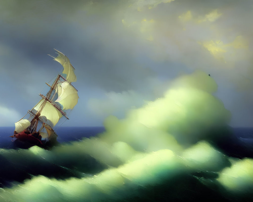 Stormy seas painting with sailing ship and vibrant contrasts