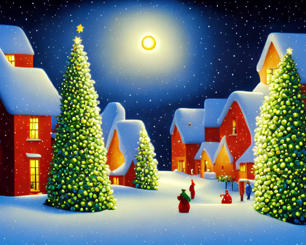 Snow-covered houses and Christmas trees in a festive winter night scene