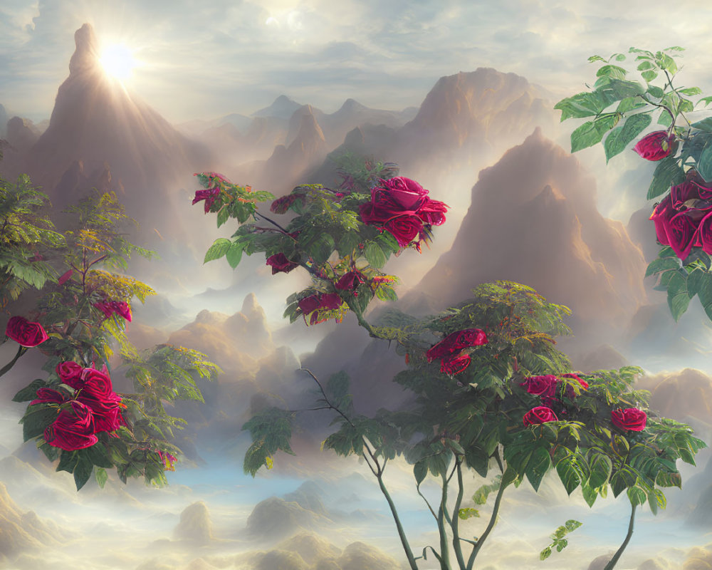 Red Roses on Lush Branches Against Mountain Landscape