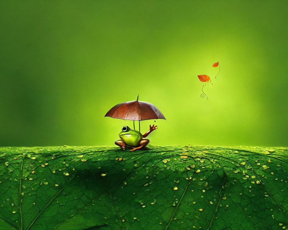 Whimsical frog with umbrella on leaf, butterfly with leaf wings - nature scene.