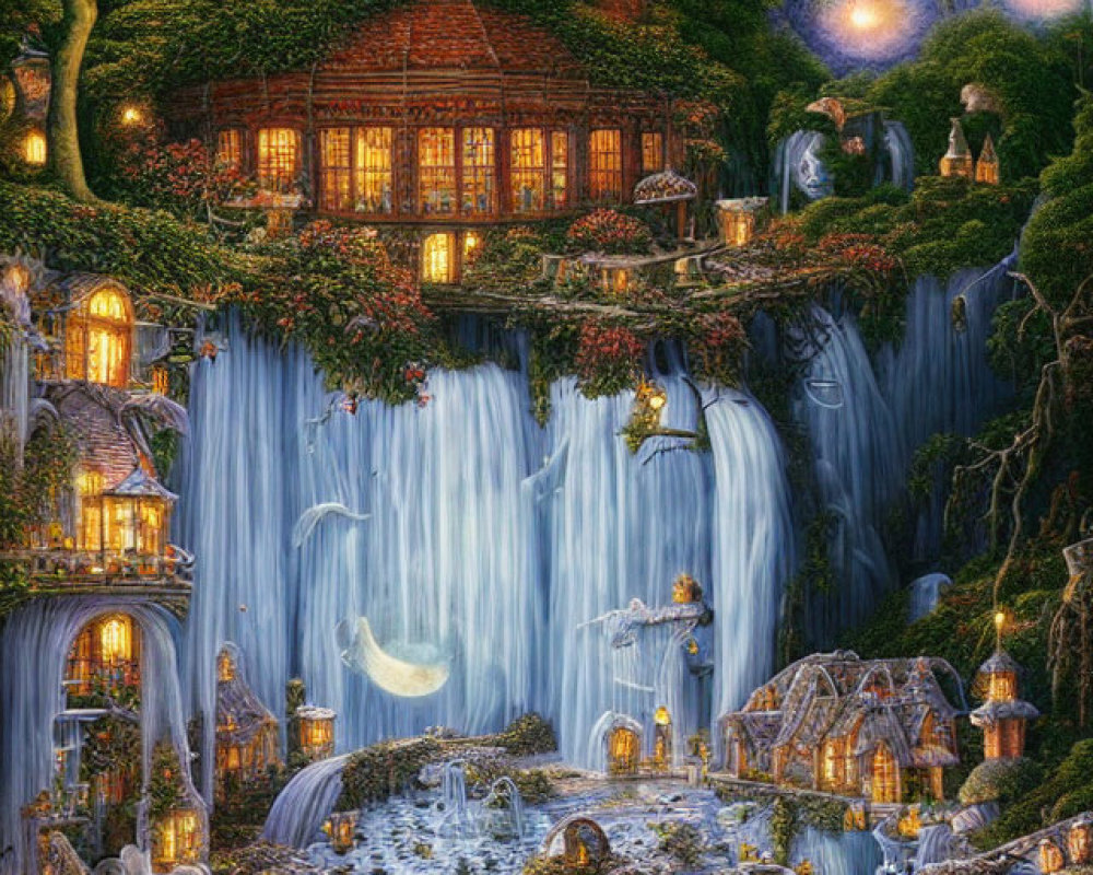 Fantasy scene: illuminated cottages on waterfalls, lush greenery, ethereal figures, glowing