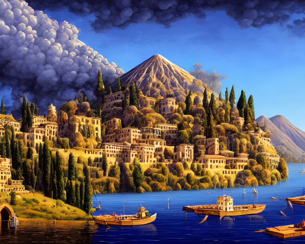 Coastal Town with Terracotta-Roofed Buildings and Smoking Volcano