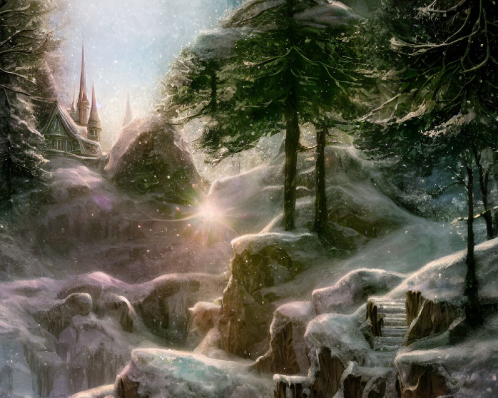 Snow-covered trees, sunlit castle, and wooden staircase in wintry fantasy landscape