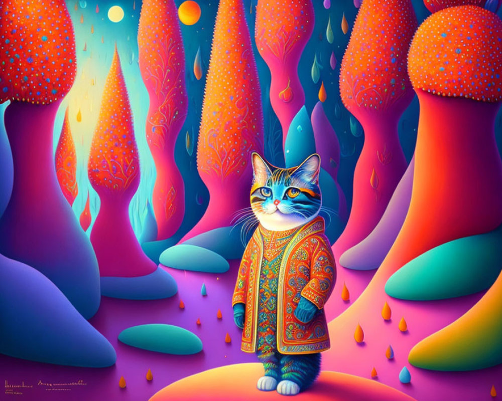 Blue-Eyed Cat in Fantasy Forest with Colorful Trees and Mushrooms