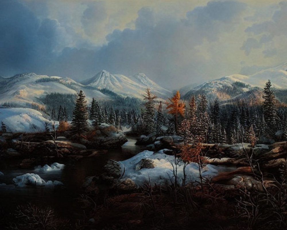 Snow-covered mountains, river, forests, autumn trees under cloudy sky