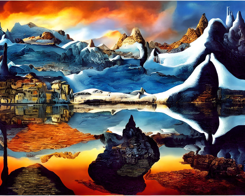 Surrealist landscape: melting mountains, fiery sky, water reflection