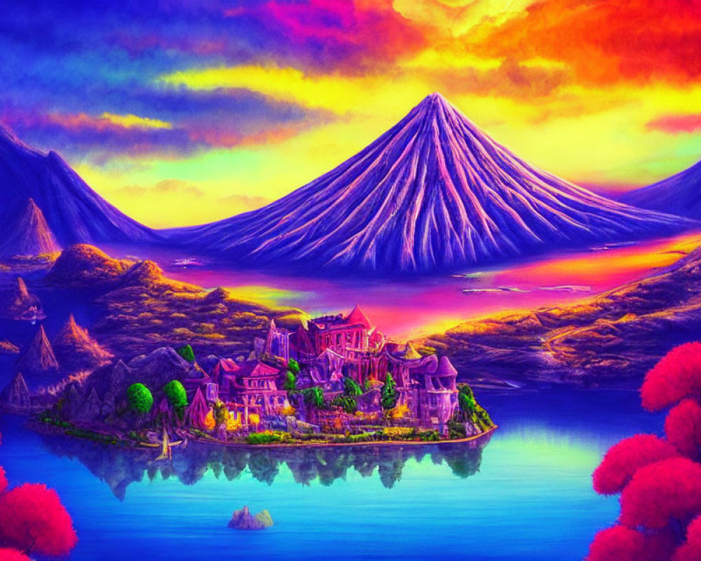 Fantasy landscape: castle on island with twin volcanoes, pink foliage, colorful sky