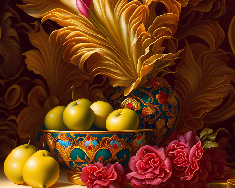 Colorful Still Life with Green Apples, Golden Floral Patterns, and Red Roses