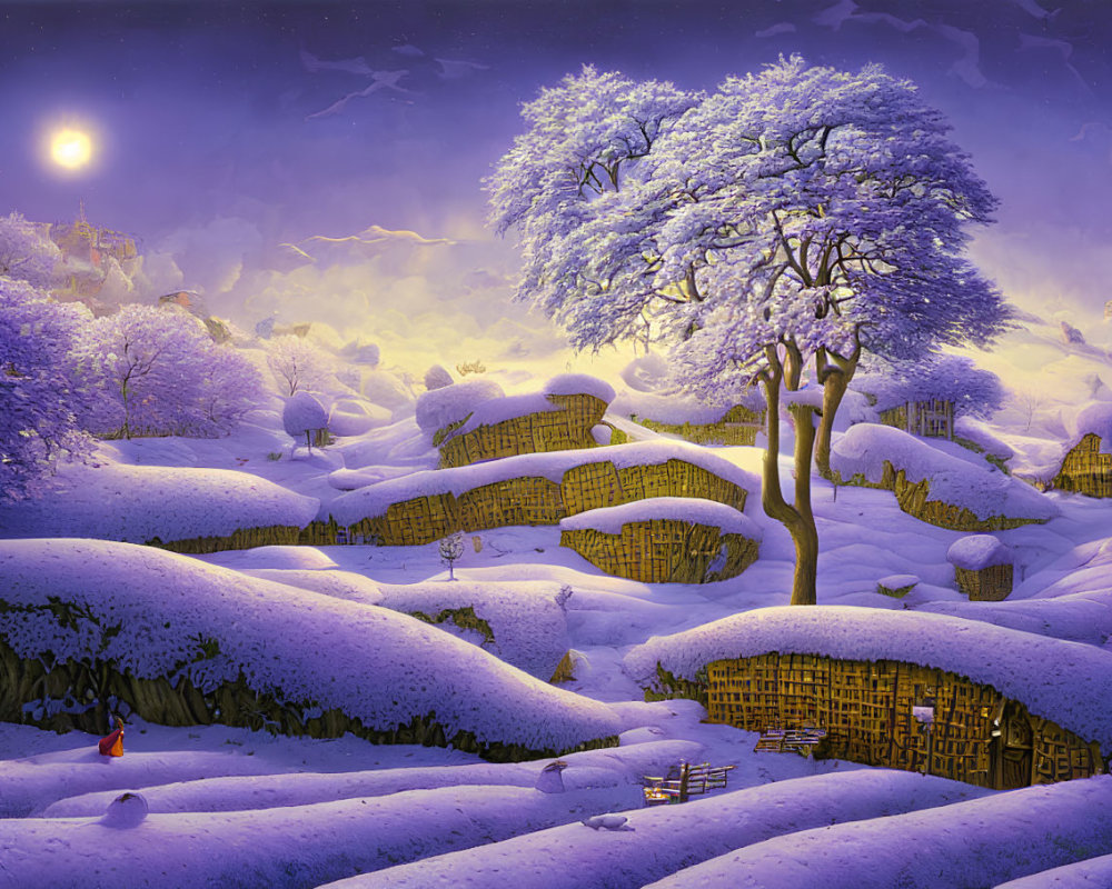 Snowy Village Landscape at Twilight with Thatched Cottages and Snow-Covered Tree