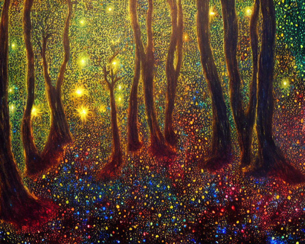 Colorful Forest with Luminous Star-Like Backdrop