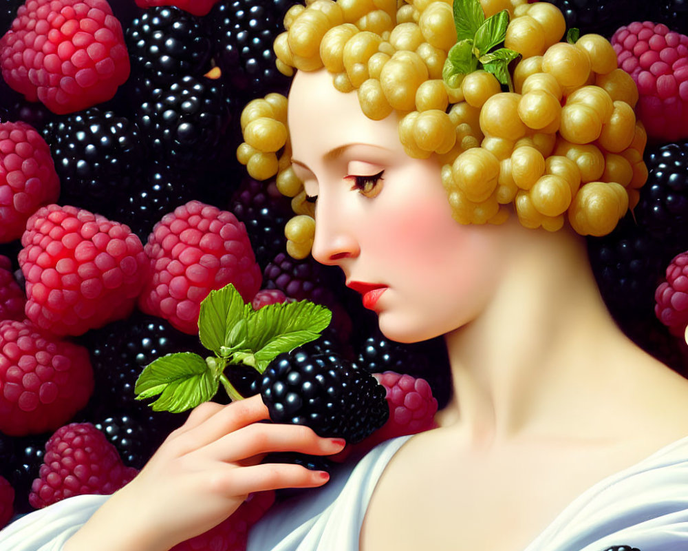 Surreal portrait of woman with grape-like hair and raspberries, holding mint sprig