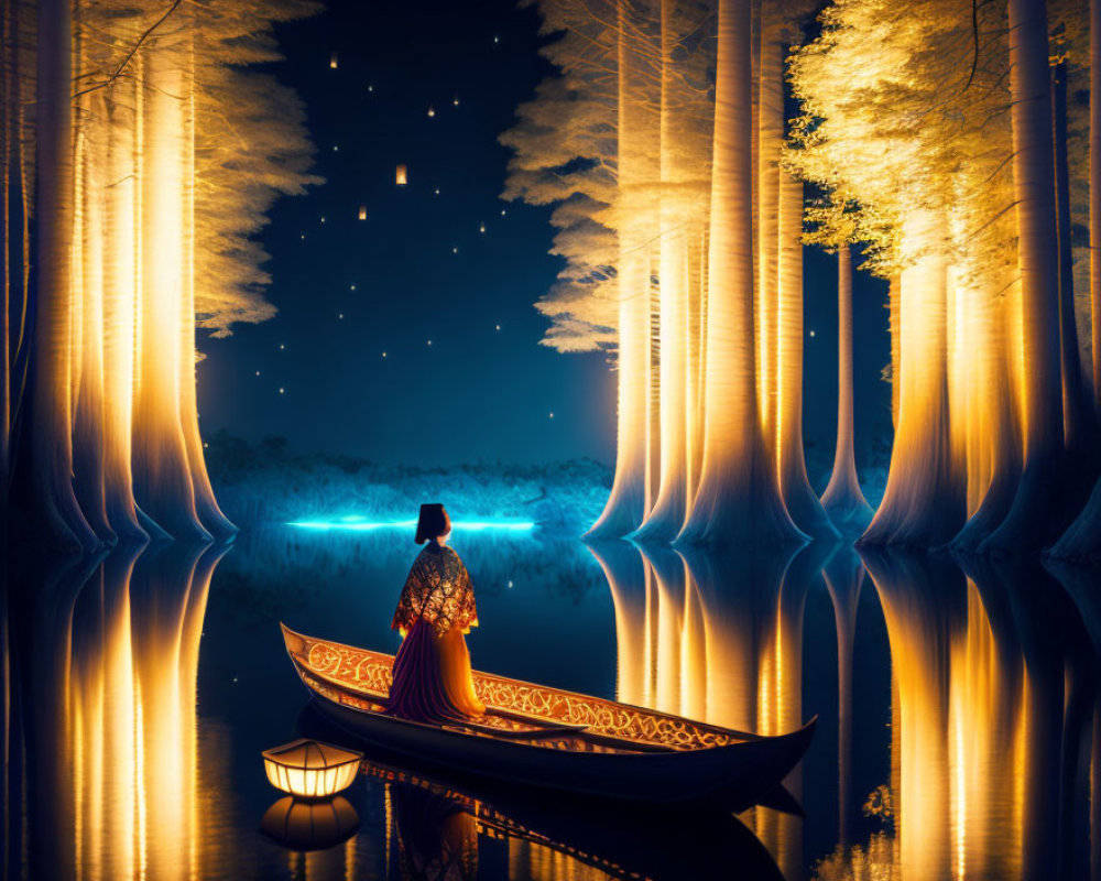 Person in traditional attire on glowing boat in surreal mirrored forest