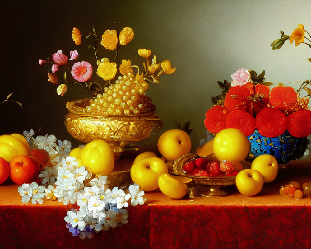 Colorful still life painting with golden bowl, grapes, fruits, and flowers on red surface