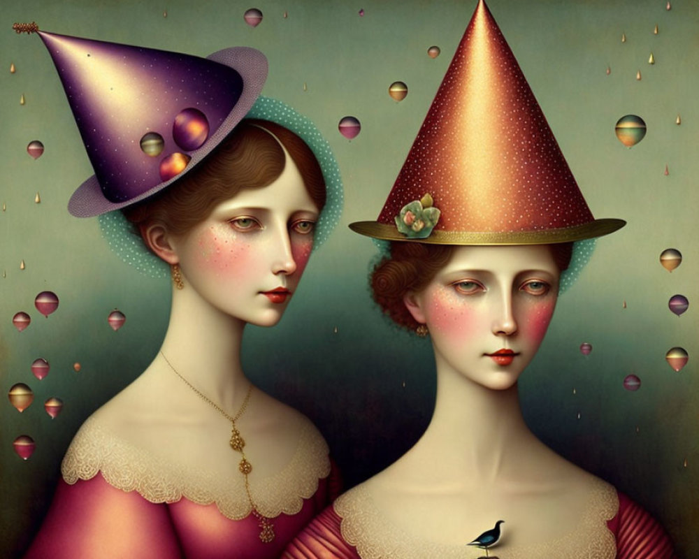 Surreal portrait of two women in cone-shaped hats with celestial and floral motifs