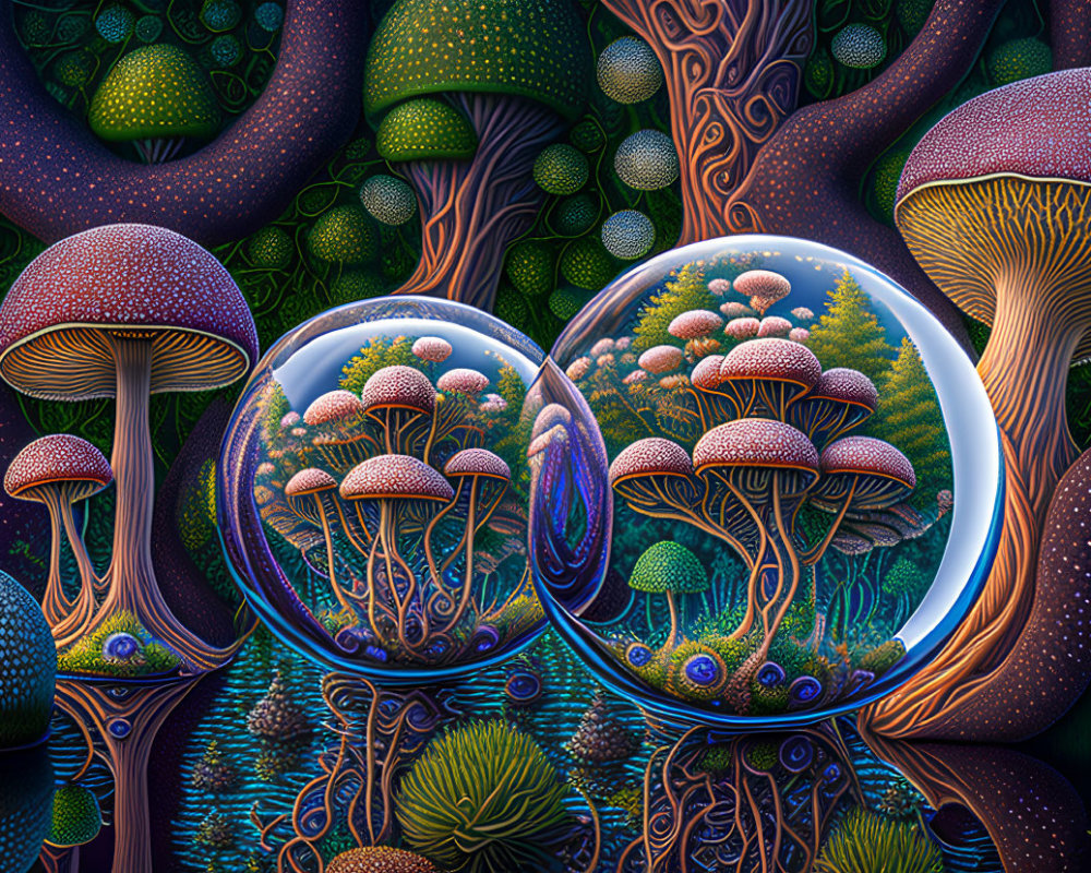 Colorful digital artwork: Mushroom landscape with reflective spheres magnifying flora on textured backdrop