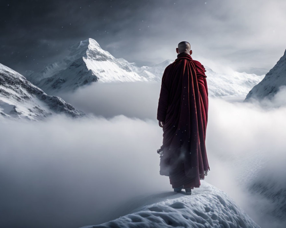 Monk in red robe gazes at snowy cliff and mountain peak under starlit sky