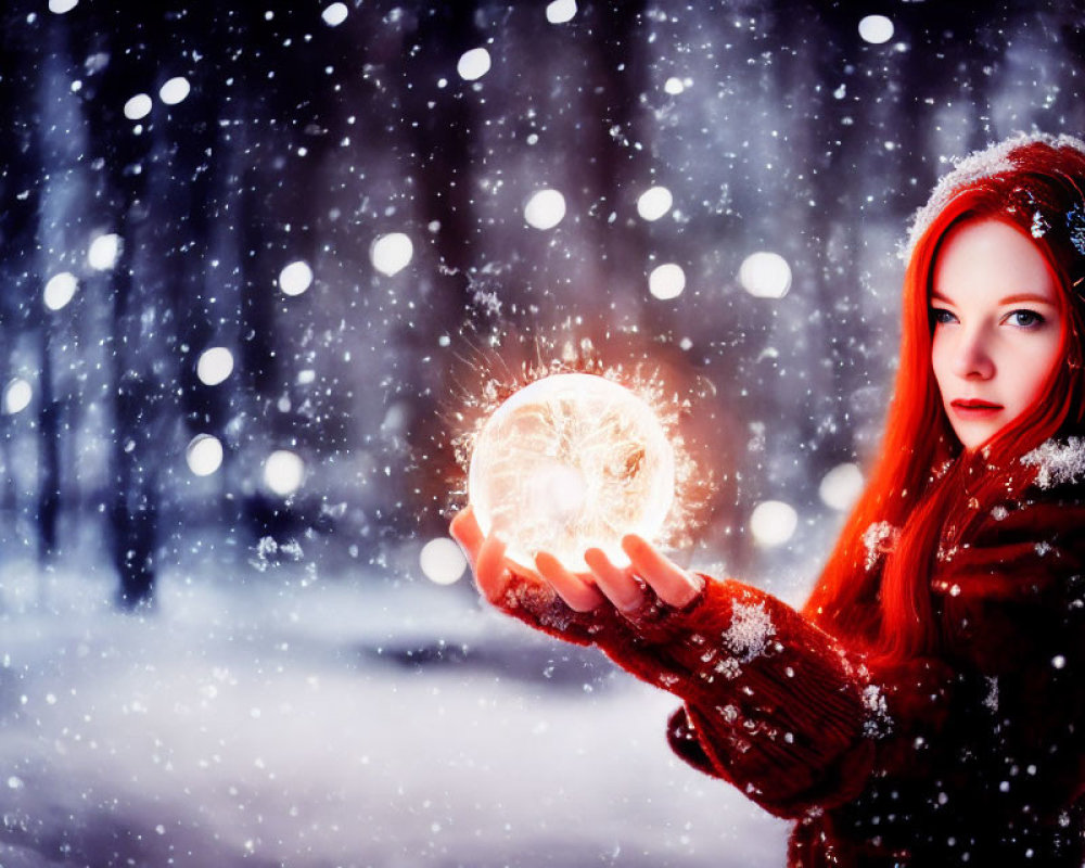 Red-haired woman in coat holds glowing orb in snowy forest