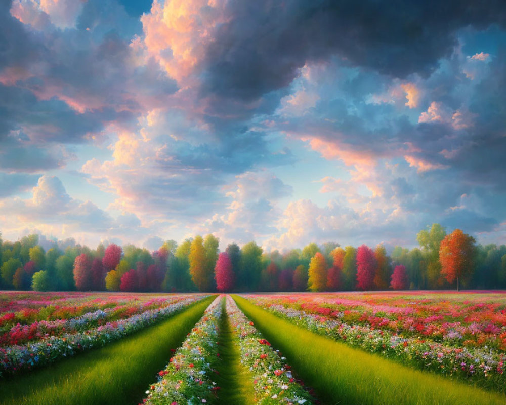 Scenic landscape with flower-lined path and dramatic sky