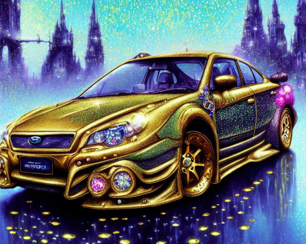 Fantasy-themed illustration of golden car with gems against mystical castle.