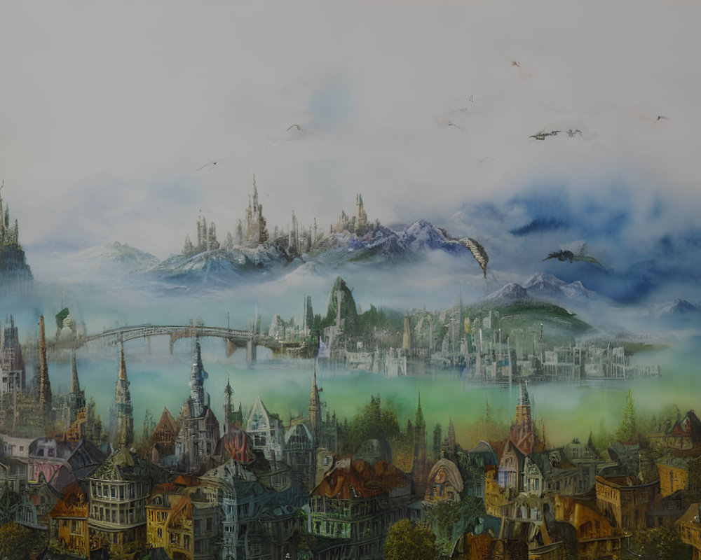 Panoramic fantasy landscape with ethereal cities, misty mountains, and serene lake