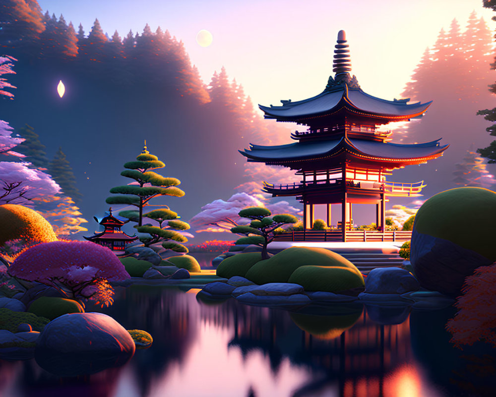 Tranquil Asian pagoda by serene lake at sunset